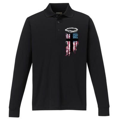 Christian Patriotic USA Flag Performance Long Sleeve Polo