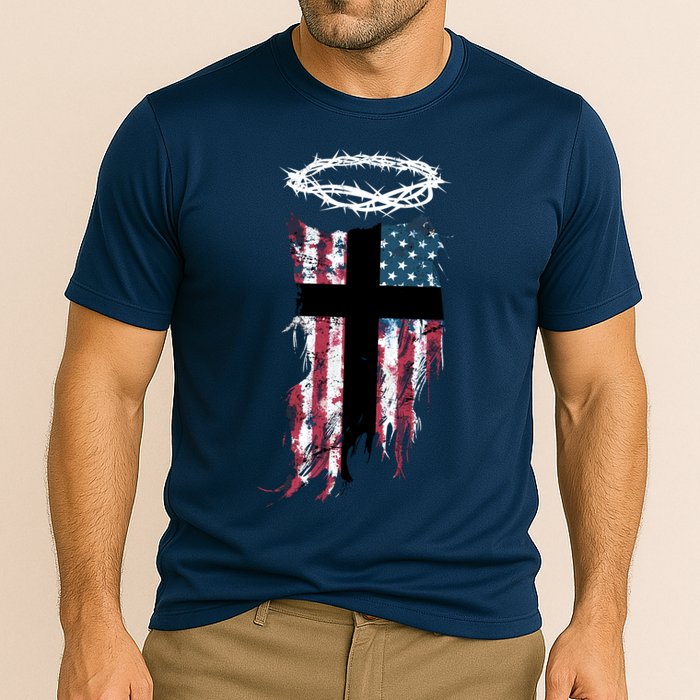 Christian Patriotic USA Flag Cooling Performance Crew T-Shirt
