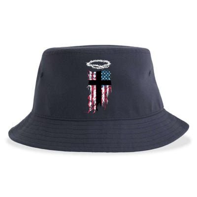 Christian Patriotic USA Flag Sustainable Bucket Hat