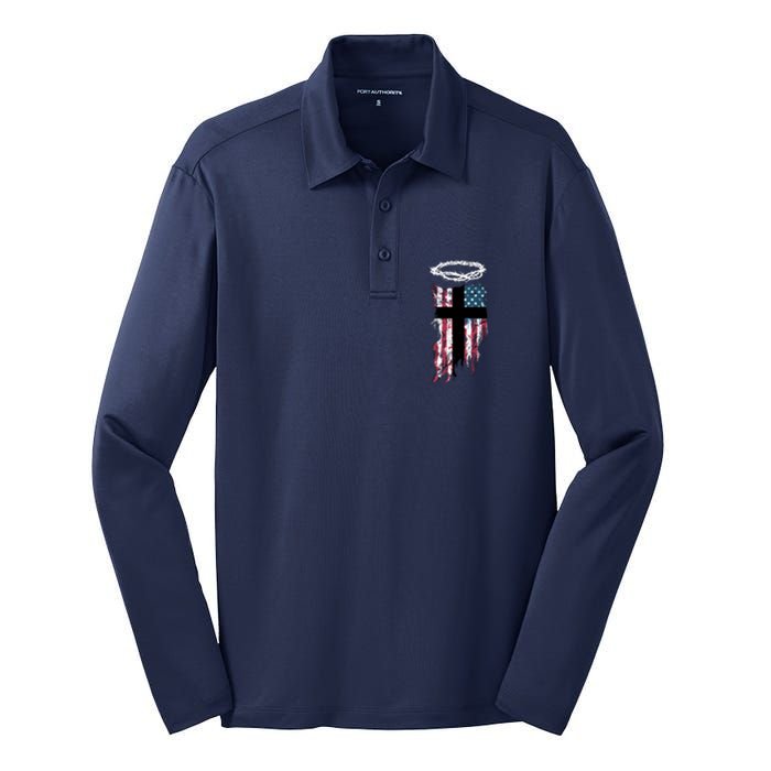 Christian Patriotic USA Flag Silk Touch Performance Long Sleeve Polo