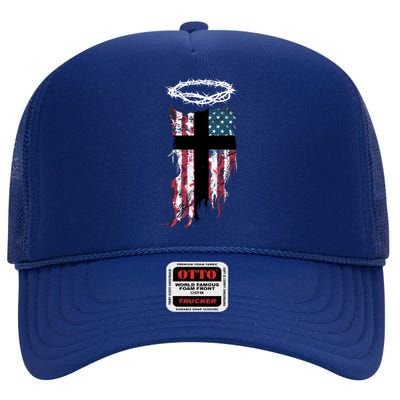 Christian Patriotic USA Flag High Crown Mesh Back Trucker Hat