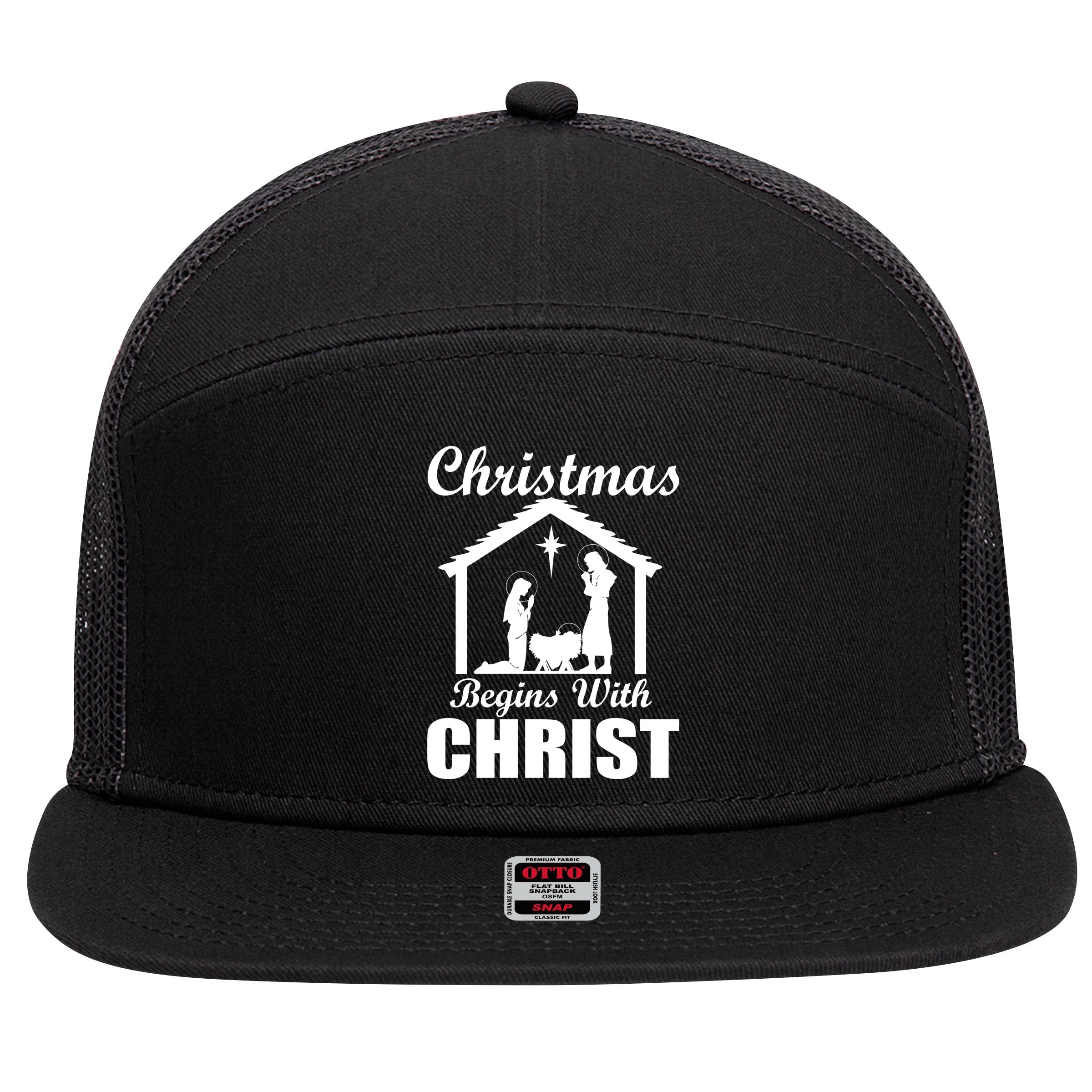Christmas Begins With Christ 7 Panel Mesh Trucker Snapback Hat