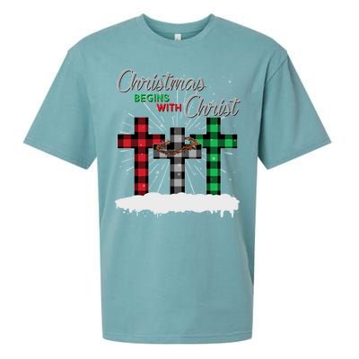 Christmas Begins With Christ Jesus Birthday Sueded Cloud Jersey T-Shirt