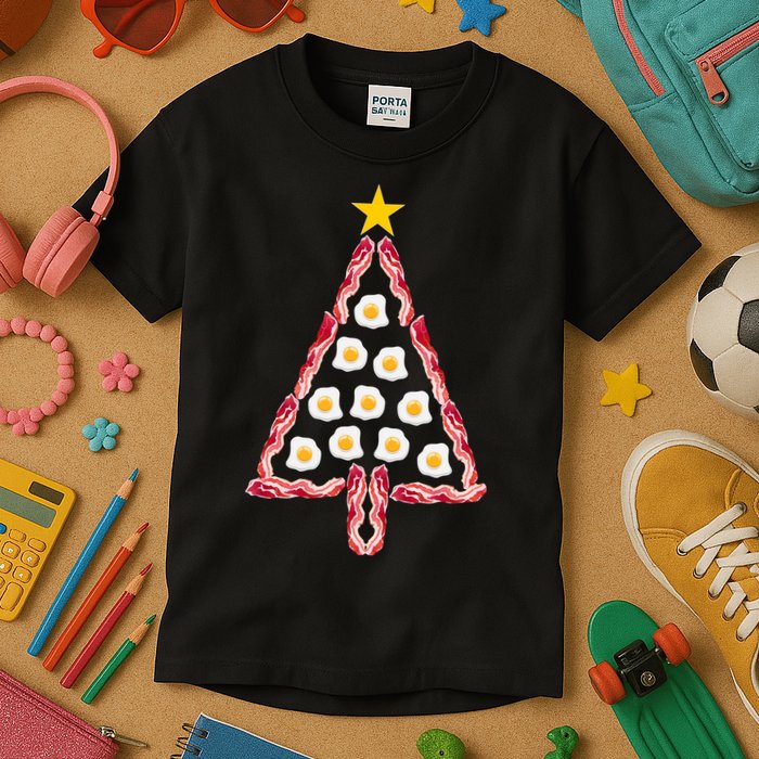 Christmas Breakfast Tree Bacon And Eggs Kids T-Shirt