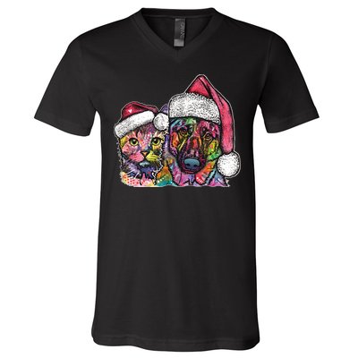 Christmas Cat & Dog W/Hat Dean Russo V-Neck T-Shirt