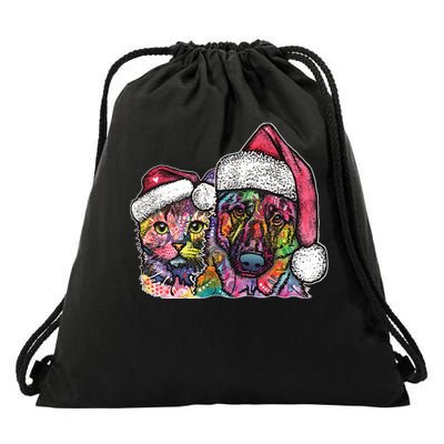 Christmas Cat & Dog W/Hat Dean Russo Drawstring Bag