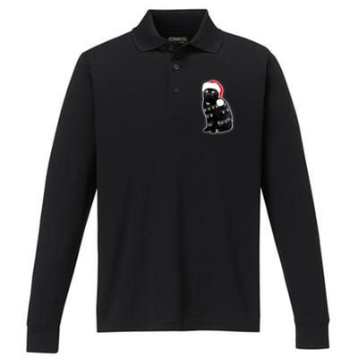 Christmas Cat Lights Performance Long Sleeve Polo