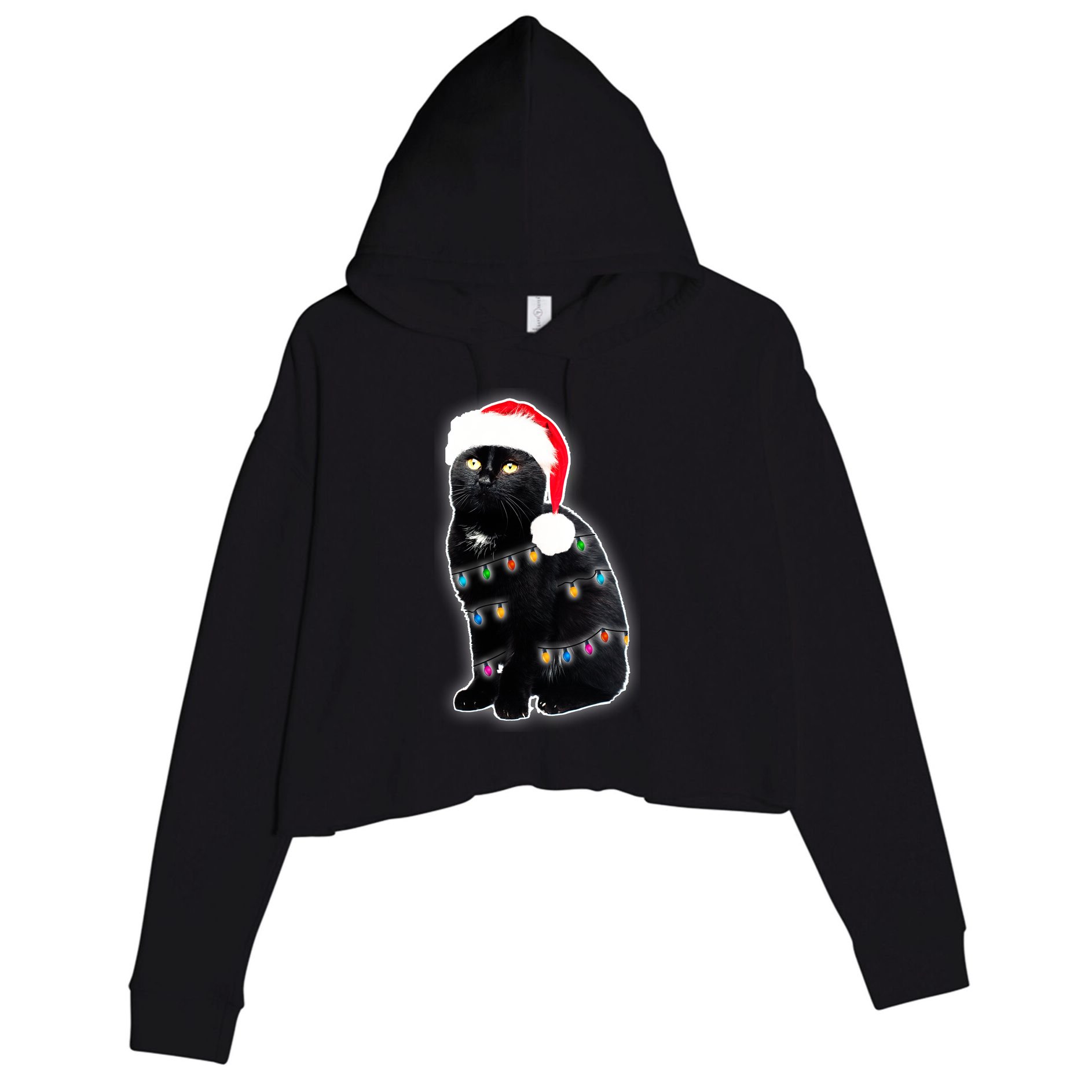 Christmas Cat Lights Crop Fleece Hoodie