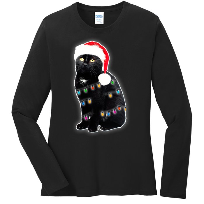 Christmas Cat Lights Ladies Long Sleeve Shirt