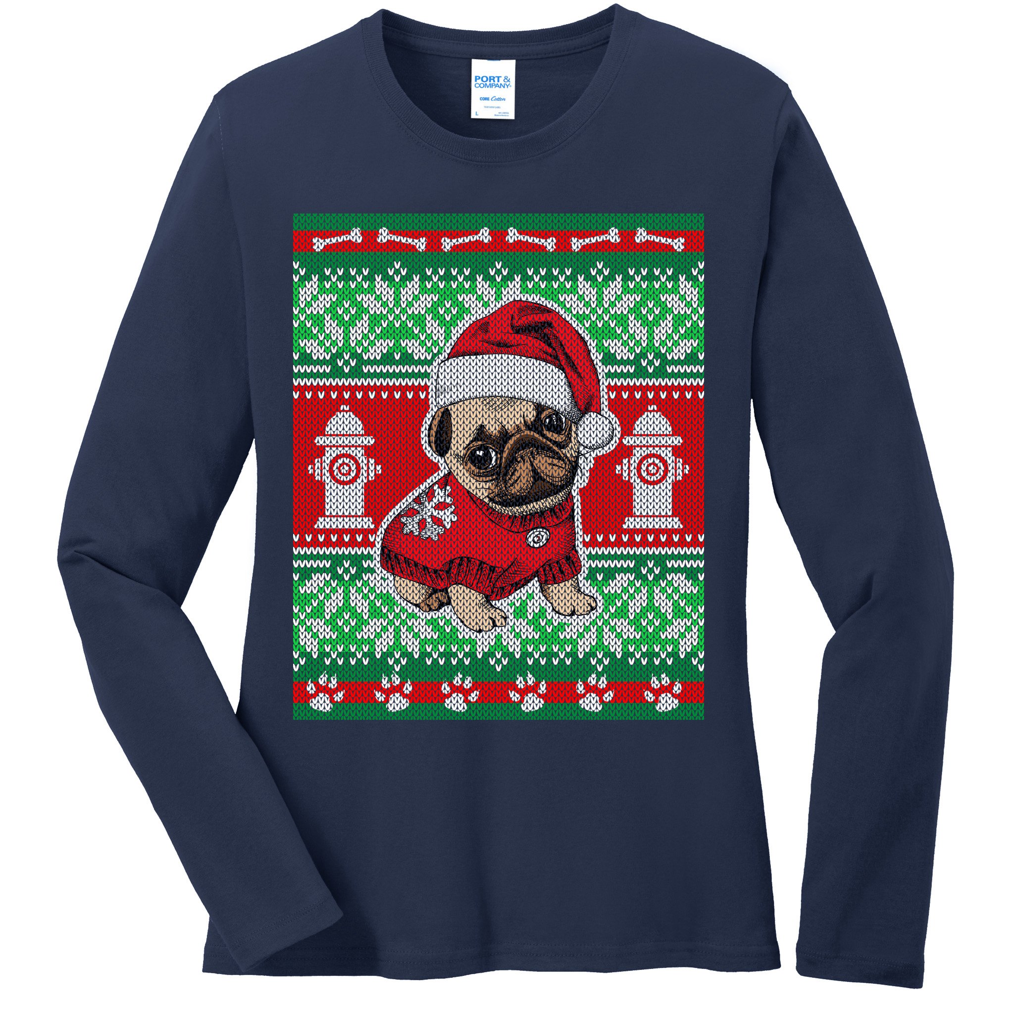 Christmas Cute Pug Ugly Sweater Ladies Long Sleeve Shirt