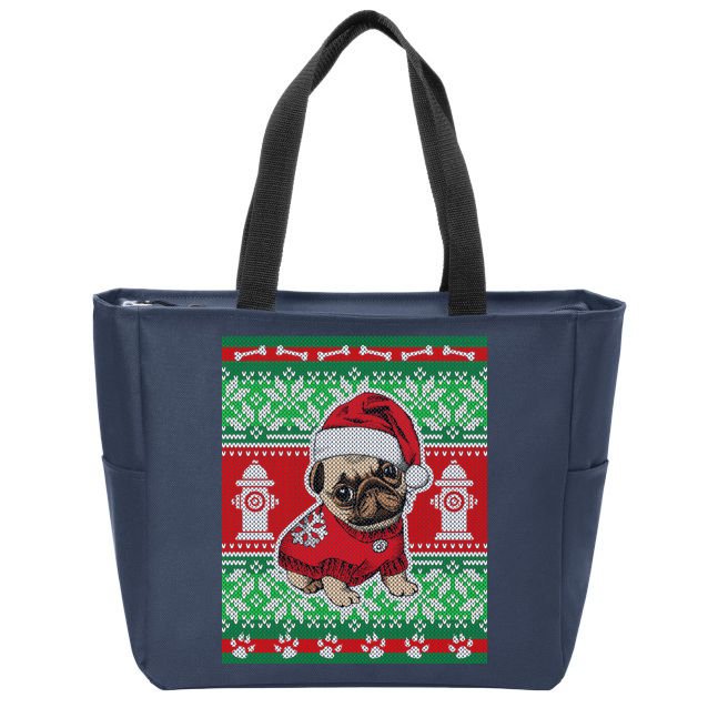 Christmas Cute Pug Ugly Sweater Zip Tote Bag