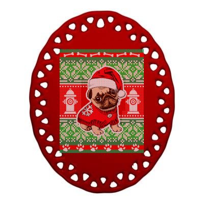 Christmas Cute Pug Ugly Sweater Ceramic Oval Ornament