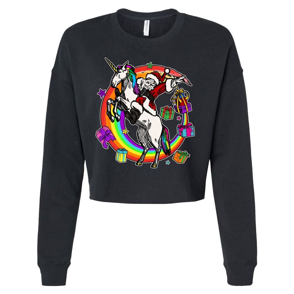 Christmas Dabbing Santa Riding Unicorn Cropped Pullover Crew