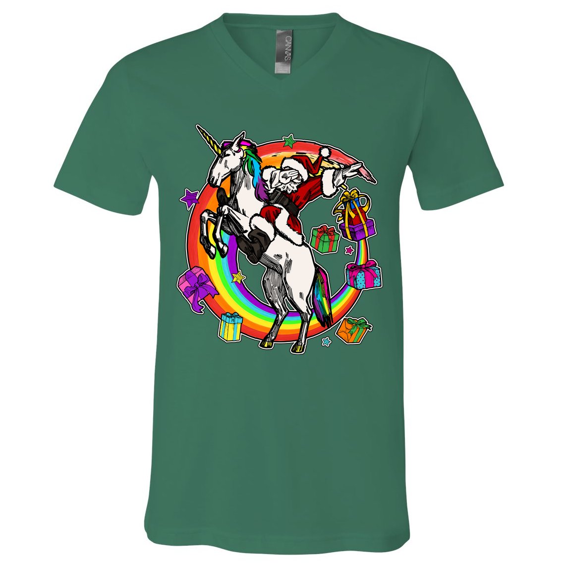 Christmas Dabbing Santa Riding Unicorn V-Neck T-Shirt