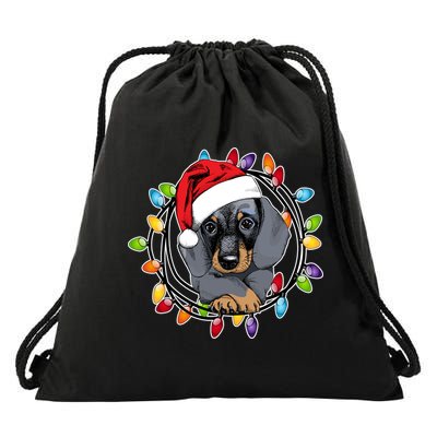 Christmas Dachshund Lights Drawstring Bag