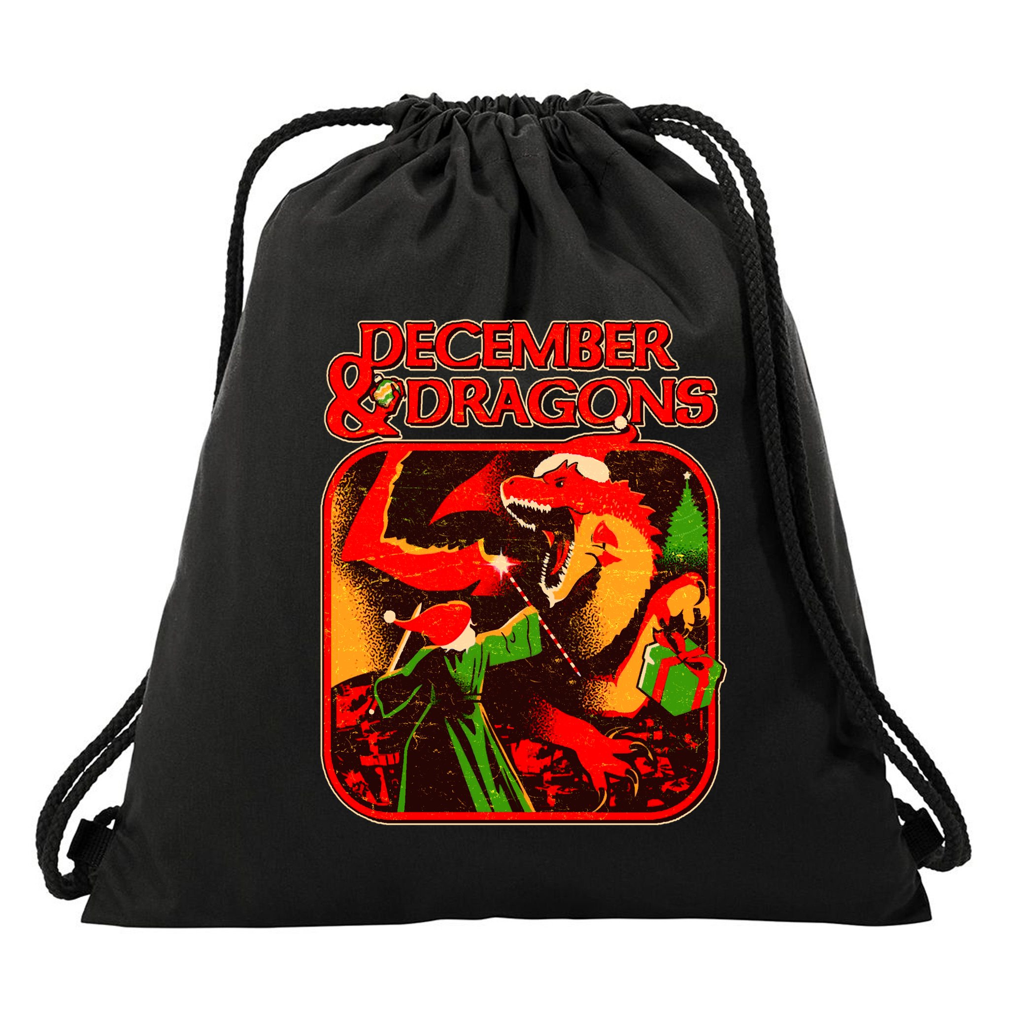 Christmas December & Dragons Drawstring Bag