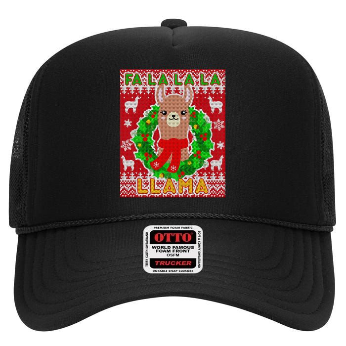 Christmas Fa La La La Llama Ugly Sweater High Crown Mesh Back Trucker Hat