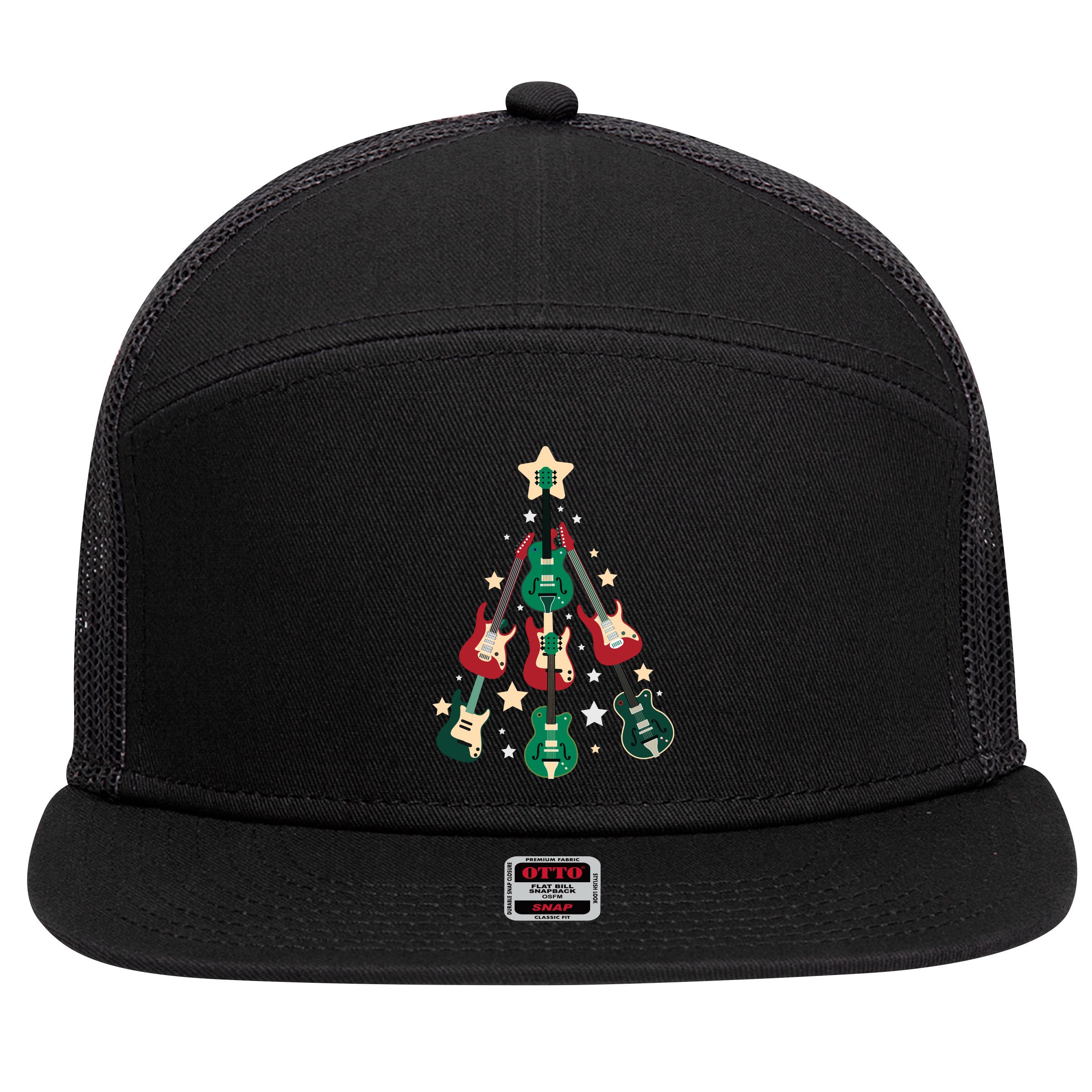 Christmas Guitar Tree  7 Panel Mesh Trucker Snapback Hat