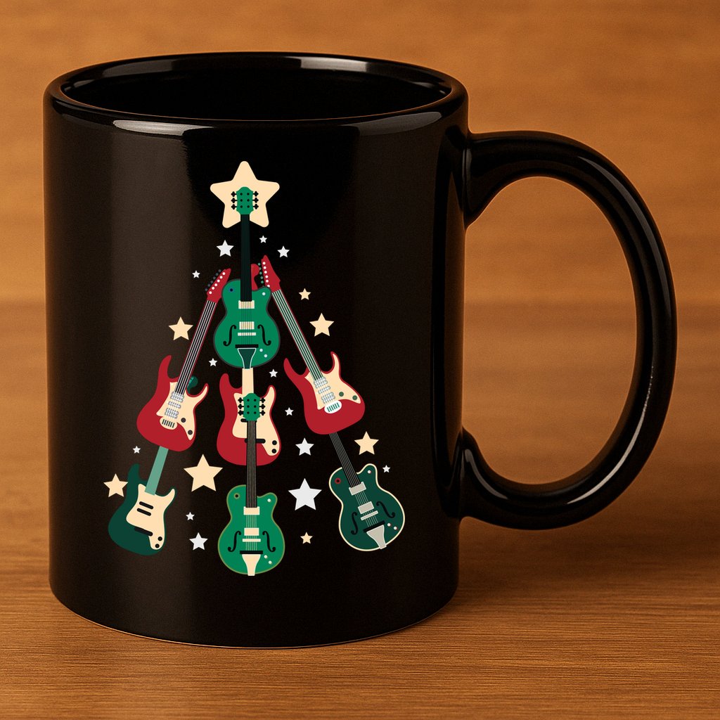 Christmas Guitar Tree  11oz C Handle Ceramic Mug