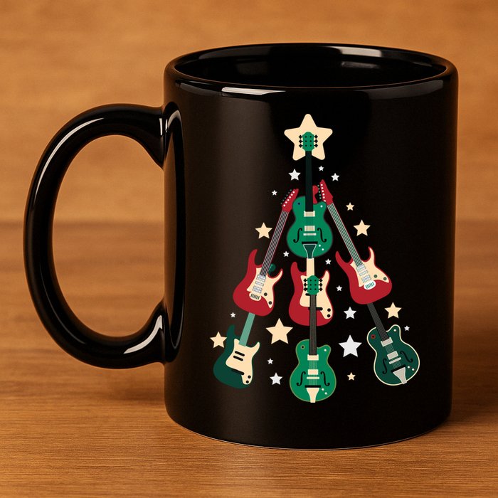 Christmas Guitar Tree  11oz C Handle Ceramic Mug