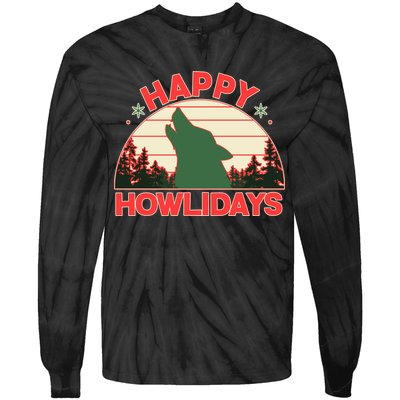 Christmas Happy Howlidays Vintage Howling Wolf Tie-Dye Long Sleeve Shirt