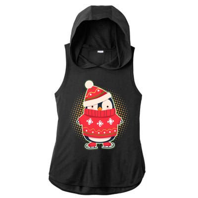 Christmas Holiday Penguin Skates Ladies PosiCharge Tri-Blend Wicking Draft Hoodie Tank