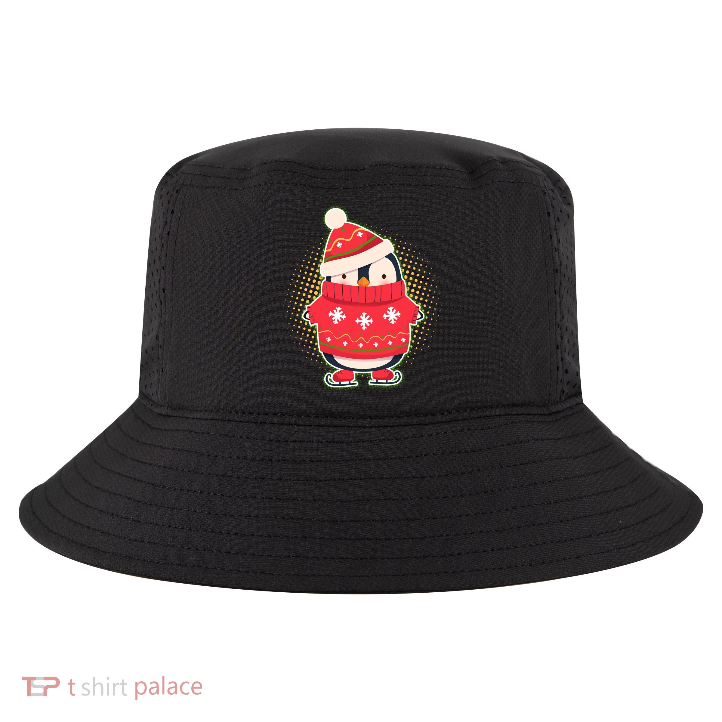 Christmas Holiday Penguin Skates Cool Comfort Performance Bucket Hat