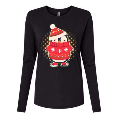 Christmas Holiday Penguin Skates Womens Cotton Relaxed Long Sleeve T-Shirt