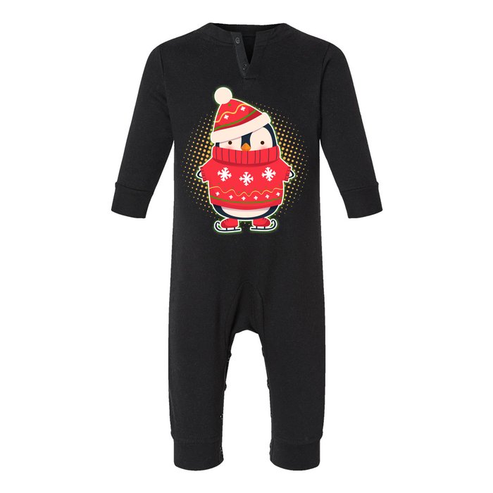 Christmas Holiday Penguin Skates Infant Fleece One Piece