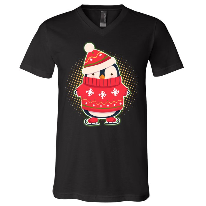 Christmas Holiday Penguin Skates V-Neck T-Shirt