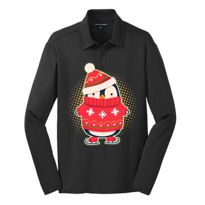 Christmas Holiday Penguin Skates Silk Touch Performance Long Sleeve Polo