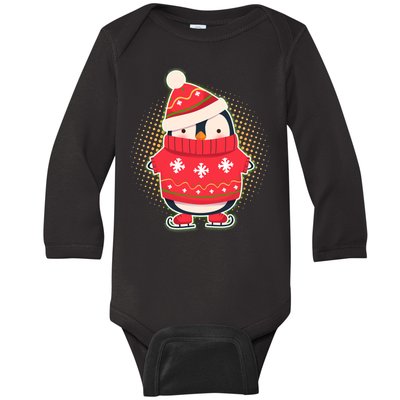 Christmas Holiday Penguin Skates Baby Long Sleeve Bodysuit