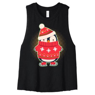 Christmas Holiday Penguin Skates Women's Racerback Cropped Tank