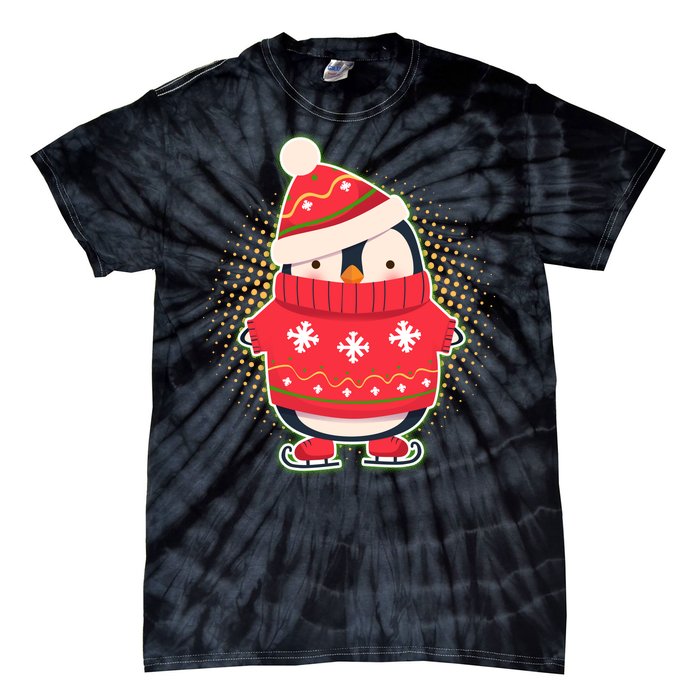 Christmas Holiday Penguin Skates Tie-Dye T-Shirt