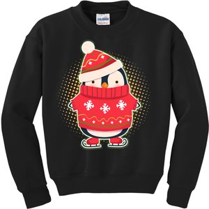 Christmas Holiday Penguin Skates Kids Sweatshirt