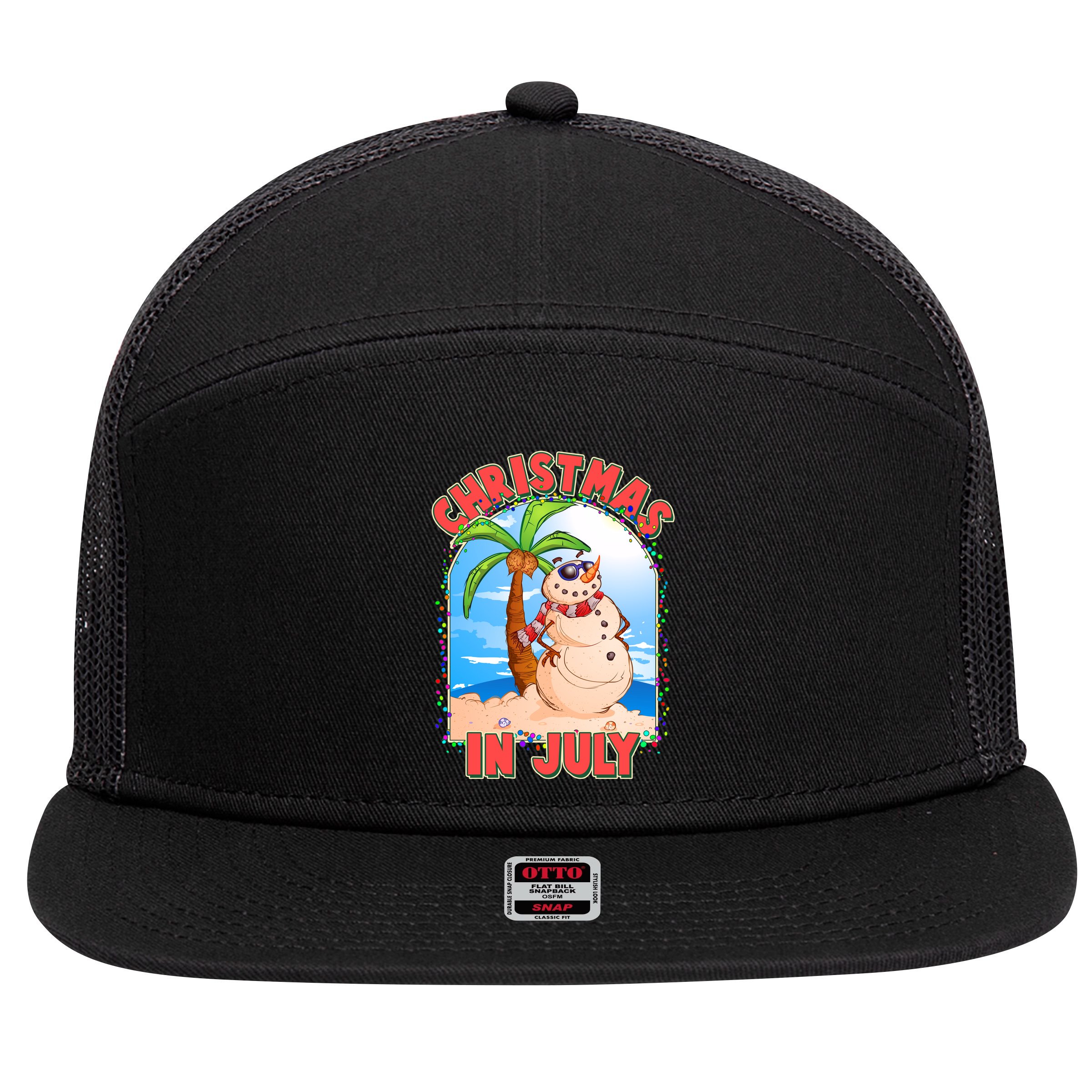 Christmas In July Beach Sand Snowman 7 Panel Mesh Trucker Snapback Hat