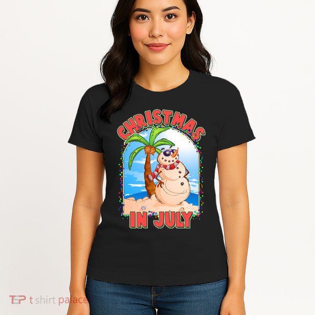 Christmas In July Beach Sand Snowman Womens T-Shirt