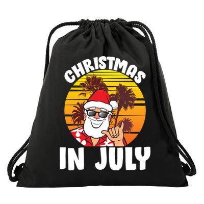 Christmas In July Retro Santa Sunset Drawstring Bag