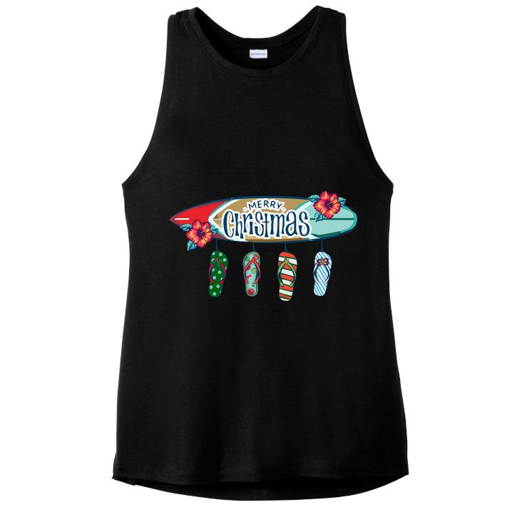 Christmas In July Surf Board Flip Flops Ladies PosiCharge Tri-Blend Wicking Tank