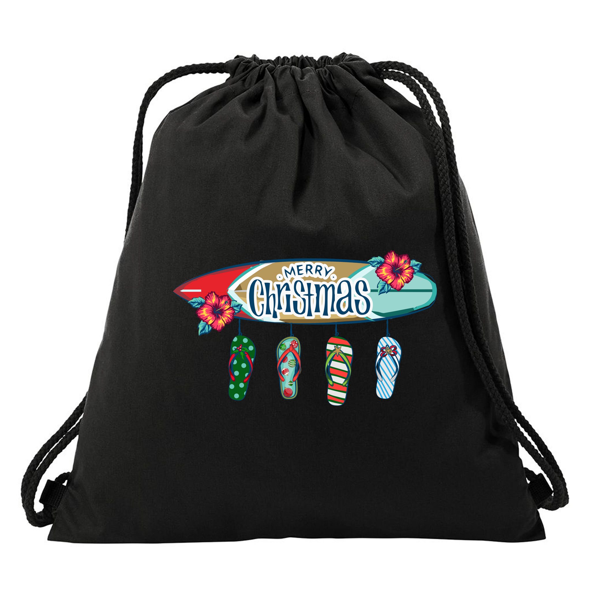 Christmas In July Surf Board Flip Flops Drawstring Bag