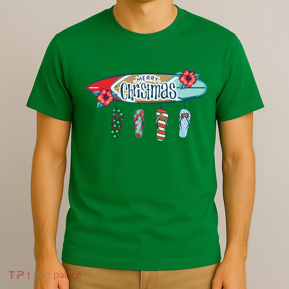 Christmas In July Surf Board Flip Flops T-Shirt