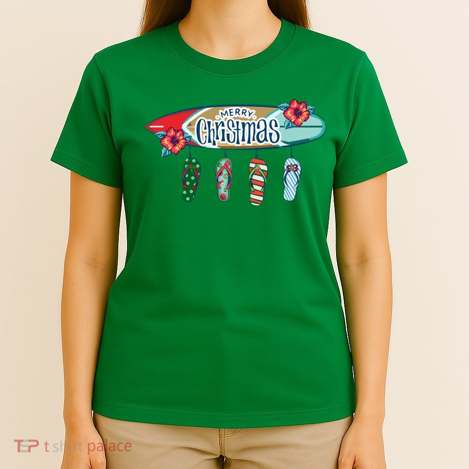 Christmas In July Surf Board Flip Flops T-Shirt