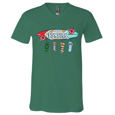 Christmas In July Surf Board Flip Flops V-Neck T-Shirt
