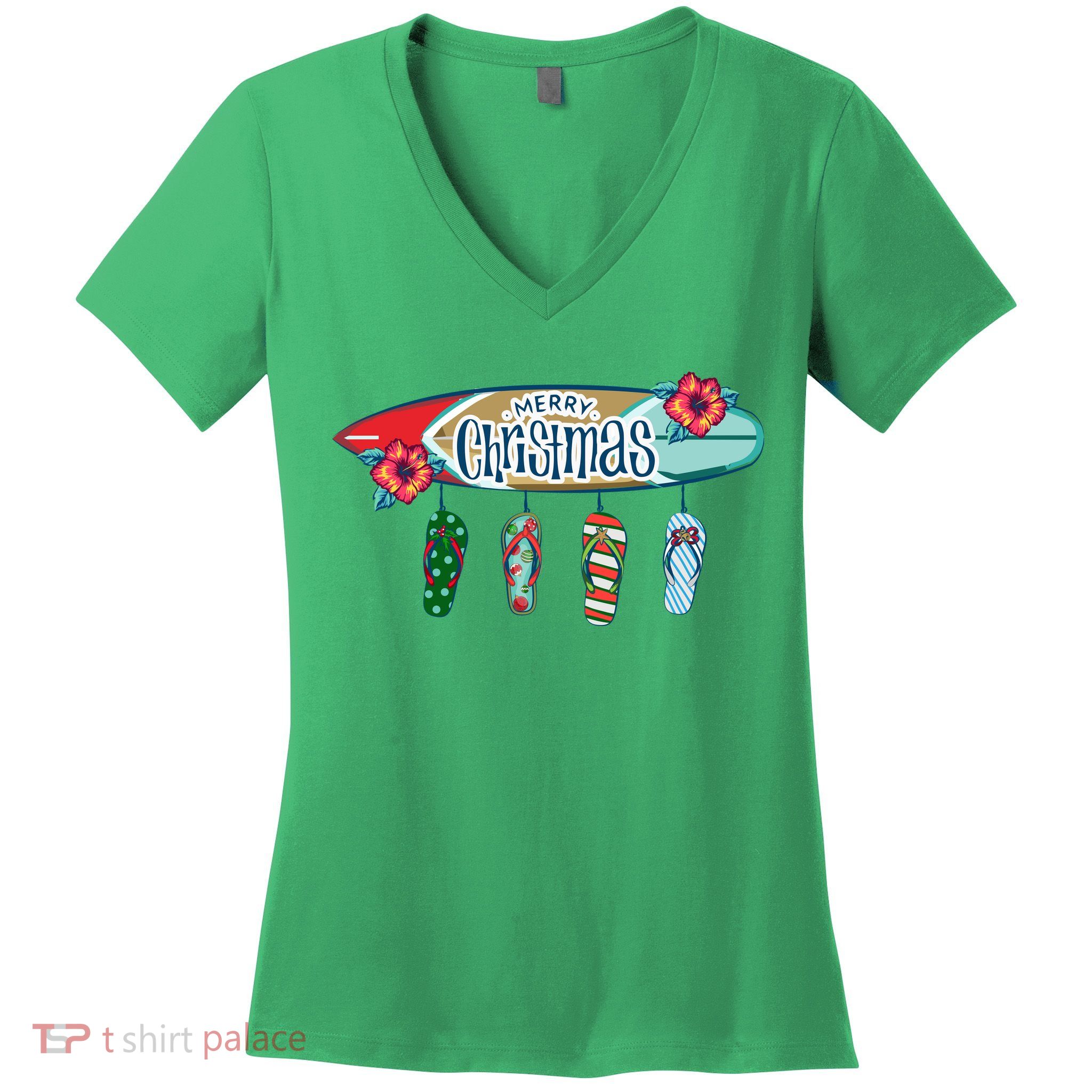 Christmas In July Surf Board Flip Flops Women's V-Neck T-Shirt