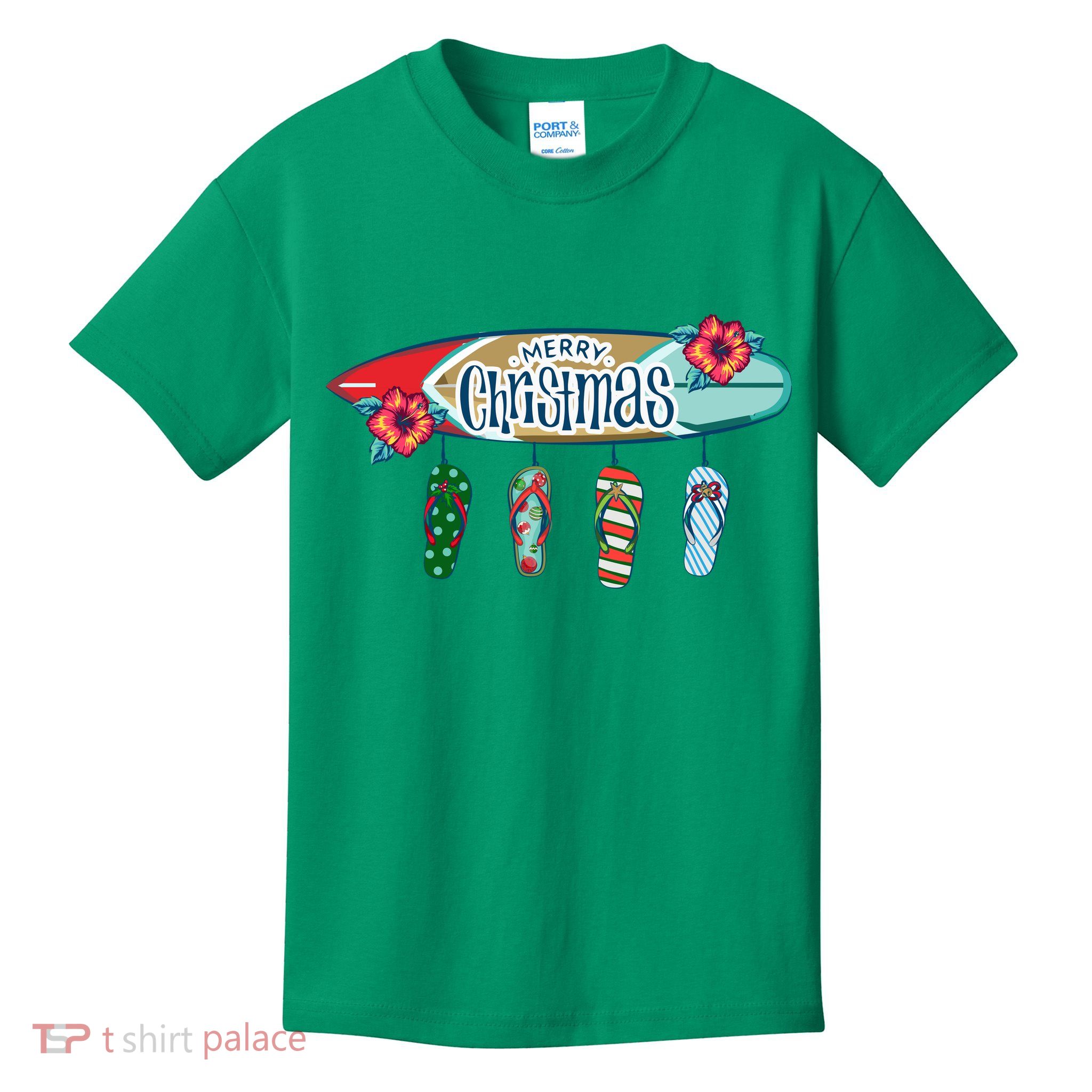 Christmas In July Surf Board Flip Flops Kids T-Shirt