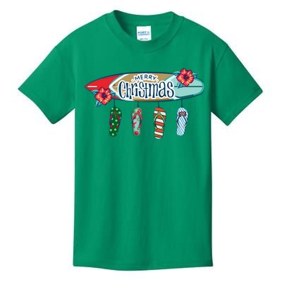 Christmas In July Surf Board Flip Flops Kids T-Shirt