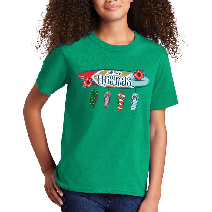 Christmas In July Surf Board Flip Flops Kids T-Shirt
