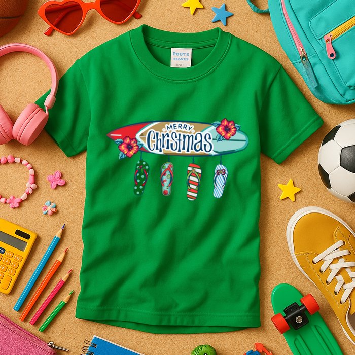 Christmas In July Surf Board Flip Flops Kids T-Shirt