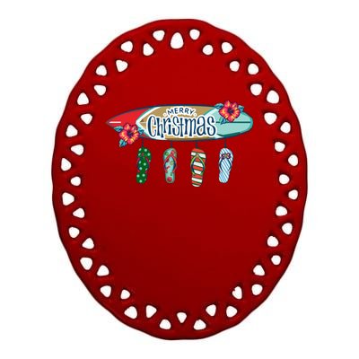 Christmas In July Surf Board Flip Flops Ceramic Oval Ornament