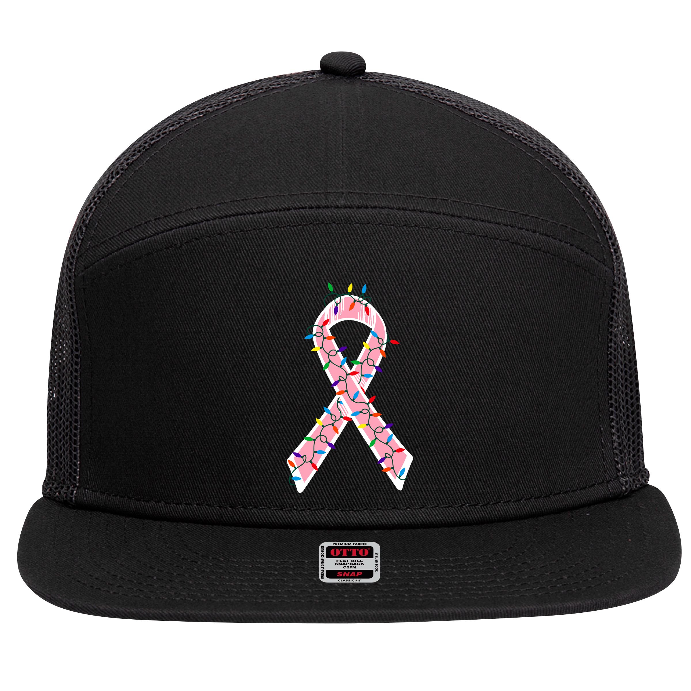 Christmas Lights Breast Cancer Ribbon 7 Panel Mesh Trucker Snapback Hat